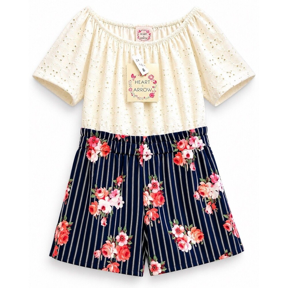 Heart & Arrow Girls Romper Size 12 NWT Floral Striped Eyelet Off Shoulder